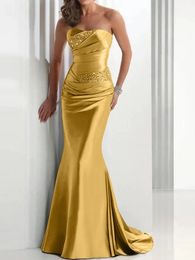 Gold Women's Elegant Evening Formal Dress 2024 Strapless Beading Lace Up Satin Mermaid Prom Party Gowns Robe De Soiree Vestidos Feast