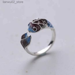 Wedding Rings Retro Lucky Koi Fish Ring Open Ring Womens Fashion Silver Copper Metal Womens Ring Party Jewelry Gifts Q240315