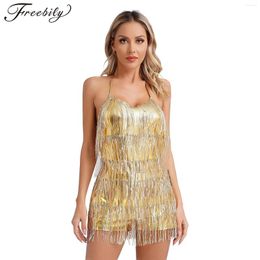 Stage Wear Womens Ballroom Dance Competition Costume Glittery Sequined Fringe Lace-up Leotard Bodysuit Cha-cha Samba Latin Dancewear