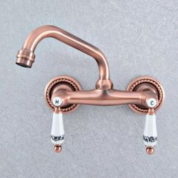 Bathroom Sink Faucets Antique Red Copper Brass Wall Mounted Kitchen Faucet Swivel Spout Mixer Tap Dual Ceramics Handles Levers Tsf890