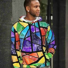 Men's Hoodies Sweatshirts Colourful Geometric Casual Hoodies Stained Glass Print Harajuku Hooded Shirt Autumn Long Sleeve Loose Oversize Pullover Hoodie L240315