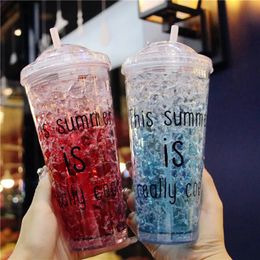 Cartoon Plastic Gel Quick Cooling Ice Cup Summer Drink Large Capacity Straw Double Child 240314