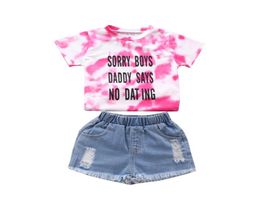 Retailwhole girl Tiedyed tee jeans tracksuit Clothing Sets 2pcs set short top hole pant girls outfits children Designers Cl4995080