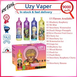 Retail UZY VAPER 9000 Puff Disposable E Cigarettes 850mAh Rechargeable Battery 18ml Pod Mesh Coil 9k Puffs Vape Pen