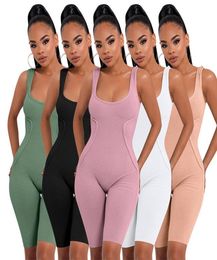 Women Rib Jumpsuits Summer Rompers Knitting Jumper Suit Solid Color One Piece Short Leggings Straps Bodysuits Plain Yoga Outfits J9535185