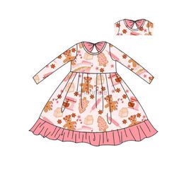 Girl's Dresses Christmas girl with long dress with sleeves on knees with extended skirt pink gingerbread pattern milk silk material 240315