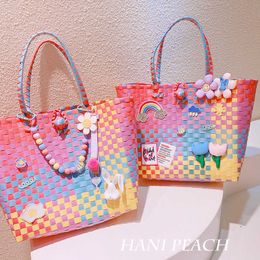 HD6430 summer outing check-in. Rainbow plaid woven bag, large capacity handbag, sweet girl shoulder bag 240315