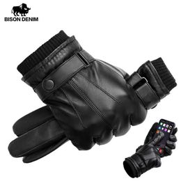 BISON DENIM Men's Genuine Leather Gloves Touch Screen Gloves for Men Winter Warm Mittens Full Finger handschuhe Plus Velvet S2746