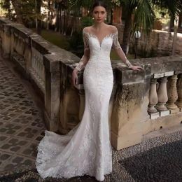 Arabic Mermaid Wedding Dresses Dubai Sparkly Crystals Lace Long Sleeves Bridal Gowns Court Train Tulle Skirt Sequined Robes De Mariee