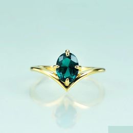 Wedding Rings Gems Beauty 14K Gold Filled For Women 925 Sterling Sier Blue-Green Emerald Engagement Proposal Band 240111 Drop Delive Dhest