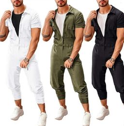 Men's Tracksuits 2024 Work Coverall Men Fashion Overalls Fall Short Sleeve Basic Male Pure Color Cargo Casual Street Wear Jumpsuit
