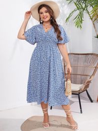 Elegant Plus Size Women Dress Blue Green High Waist Floral Long Dresse V Neck Short Sleeve Sexy Summer Dres 2024 240312