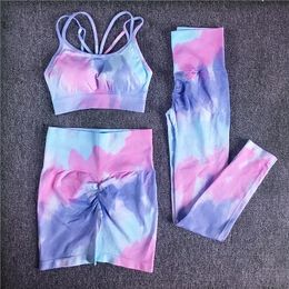 1/2/3Pcs Women Tie Dye Sportswear Yoga Set Workout Leggings Scrunch Leggings Gym Shorts Seamless Gym Sports Bra Yoga Tracksuit 240304