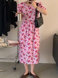 Party Dresses Summer 2024 Women Fashion Sweet Rose Pattern Round Neck Puff Sleeves Loose And Slim Mid-length Vintage Dress Korean