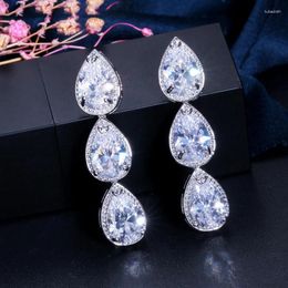 Dangle Earrings ThreeGraces Summer Fashion Ladies Jewellery High Quality Silver Colour CZ Stone Connect Teardrop Women Party ER165