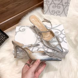 Designer High Heels Slippers Pointed Toe Sandal Serpentine Classics Rhinestone Buckle Women Wedding Dress Shoes Thin Heel Summer Slippers With Dust Bag Box