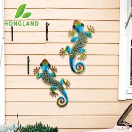 Metal Gecko Wall Decoration Lizard Garden Art Hanging Glass Sculpture Indoor and Outdoor Terrace Fence 3 Colour 2 Pcs 240229