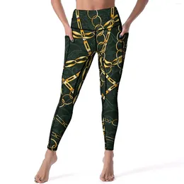 Active Pants Jewelry Gold Chains Leggings Link Print Workout Yoga High Waist Retro Sport Pockets Stretch Design Legging