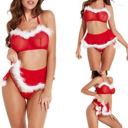 Womens Sleepwear Fashion Christmas Suit Perspective Sexy 3-piece Set Red Pyjamas Role Play European and American Erotic Underwear