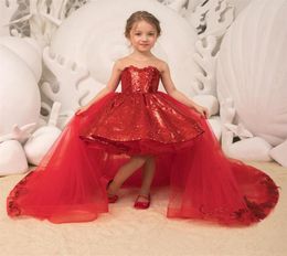 Sparkle Sequins Little Girls Pageant Dresses Removable Tulle Train Hi Lo Kids Christmas Birthday Party Gowns with Bow Custom4308147
