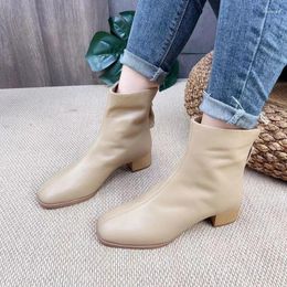 Boots Krasovki 3cm Natural Cow Genuine Leather Comfy Vintage Motorcycle Spring Ankle Women Autumn Chunky Heels ZIP Ladies Shoes