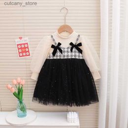 Girl's Dresses Girls Little Fragrant Fake Two Long Sleeve Mesh Dress 2023 Spring and Autumn New Princess Babys First Birthday Party Dress L240311