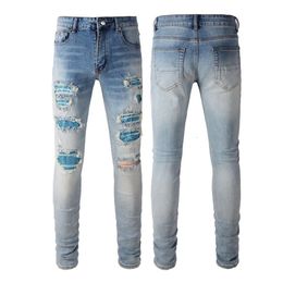 Designer Mens Jeans High Street Blue Diamond Washed Denim with Distressed Trendy Patch Elastic Jeans Rock Revival Jeans Hole Blue Pants