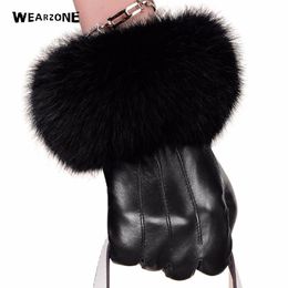 Winter black sheepskin Mittens Leather Gloves For Women Rabbit Fur Wrist Top Sheepskin Gloves Black Warm Female Driving Gloves CJ1235E