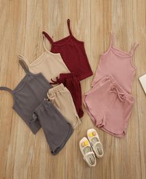 Kids Designer Clothes Girls Camisole Clothing Sets Solid Braces Briefs Shorts Baby Striped Cotton Tank Top PP Pants Suits Sport Su4702152