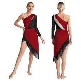 Stage Wear Womens Lyrical Dance Dress Latin Salsa Tango Cha-Cha Ballroom Dancewear Rhinestones One Shoulder Fringe Dresses With Shorts