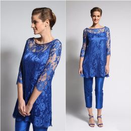 Royal Blue Mother Of The Bride Pant Suits Lace Long Sleeve Mother Gowns With Wrap Three Pieces Plus Size Wedding Guest Dress 322j