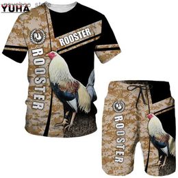 Men's Tracksuits YUHA 3D printed chicken animal top summer mens casual tracking suit fun rooster hunting camouflage T-shirt+shorts for men Q240314