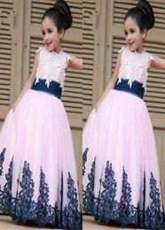 2022 Sweety Pink Navy First Communion Dresses Cap Sleeve Applique Pleated Lace Tulle Flower Girl Dress For Wedding Kids Party Prom7359828