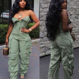 Sexy Party Streetwear Jumpsuit Bodysuit Rompers Spring Strapless Button Front Ruched Multi Pocket Cargo Pants Work Suit Jumpsuits for Women Plus Size S-3xl
