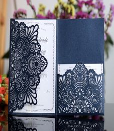 High Quality Laser Cut Hollow Flower Navy Blue Wedding Invitations Cards with Crystal Personalised Champagne Bridal Invitation Car2775274