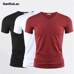 Mens T Shirt Pure Colour V Collar Short Sleeved Tops Tees Men TShirt Black Tights Man TShirts Fitness For Male Clothes 240315