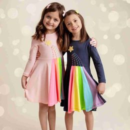 Girl's Dresses 2024 childrens girl long sleeves round neckline with contrasting panel party dress children princess 3 4 5 6 7-year dresses for girls 240315