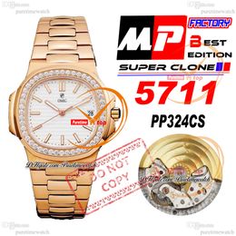 5711/1A CAL A324SC Automatic Mens Watch MPF Rose Gold Diamonds Bezel White Texture Dial Stick Stainless steel bracelet Super Edition Reloj Hombre Puretimewatch PTPP