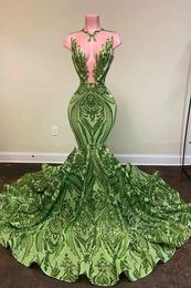 Olive Sparkly Sequin Green Mermaid African Prom Dresses Black Girls Long Graduation Dress Plus Size Formal Evening Gowns BC