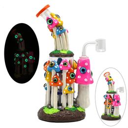 1pc,9.4in,Glass Bubbler With Fixed Diffuser Downstem Water Pipe Bongs,Colorful Polymer Clay Mushrooms Evil Eyes Smoking Item,Evil Eyes With Glow In Dark