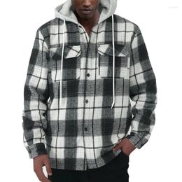 Men's Hoodies Vintage Plaid Jacquard Fleece Sweatshirts Mens Fashion Loose Button-up Hooded Shirt Coat Men Spring Casual Long Sleeve