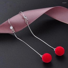 Dangle Earrings Real Fine Jewellery 925 Silver Plush Ball Fashion Elegant Long Drop For Women Year Gift