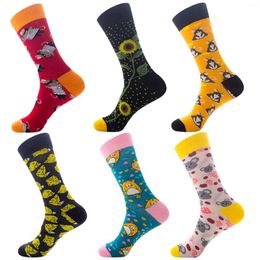 Men's Socks 6 Pairs Mixed Colour Stockings Men Pattern Printed Spring And Autumn Sports Medium Tube Breathable Comfort Fit