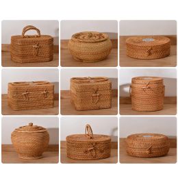 Baskets Basket Storage Rattan Woven Baskets with Lid Round Wicker Fruit Boxes Decorative Tray Lids Sundries Mini Snack Bread Organiser