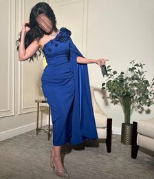 Elegant Short Crepe Royal Blue Evening Dresses With Hand Made Flower Mermaid One Shoulder Zipper Back Prom Dresses Robe De Soiree Formal Party Gown for Women