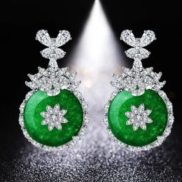 HUAMI Round Drop Earrings Korean Fashion Jewellery for Women Dress Accessories Wedding High Quality Green Chalcedony Jade 240228