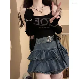 Skirts Y2k Skirt Kawaii Girl Sweet Denim Womens Summer Pleated Casual High Waist Slim Gothic Mini A Word Short