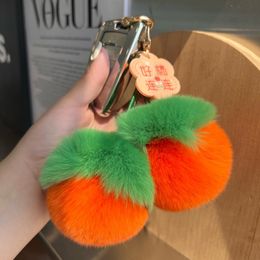 Cute Real Rabbit Fur Persimmon Keychain Pompom Ball Bag Charm Keyring Handbag Pendant Kids Gift