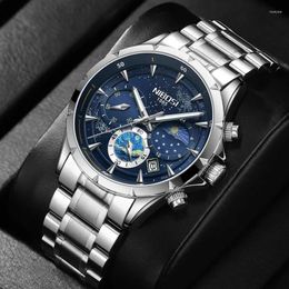 Wristwatches 2024 Watch For Men Moon Phase Waterproof Fashion Luminous Chronograph Stainless Steel Quartz Mens Wristwatch Relogio Masculino