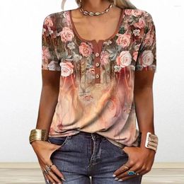 Women's Blouses Women T-shirt Graphic Tee Ethnic Style Floral Print Summer Collection O-neck Short Sleeve Tops Henley V